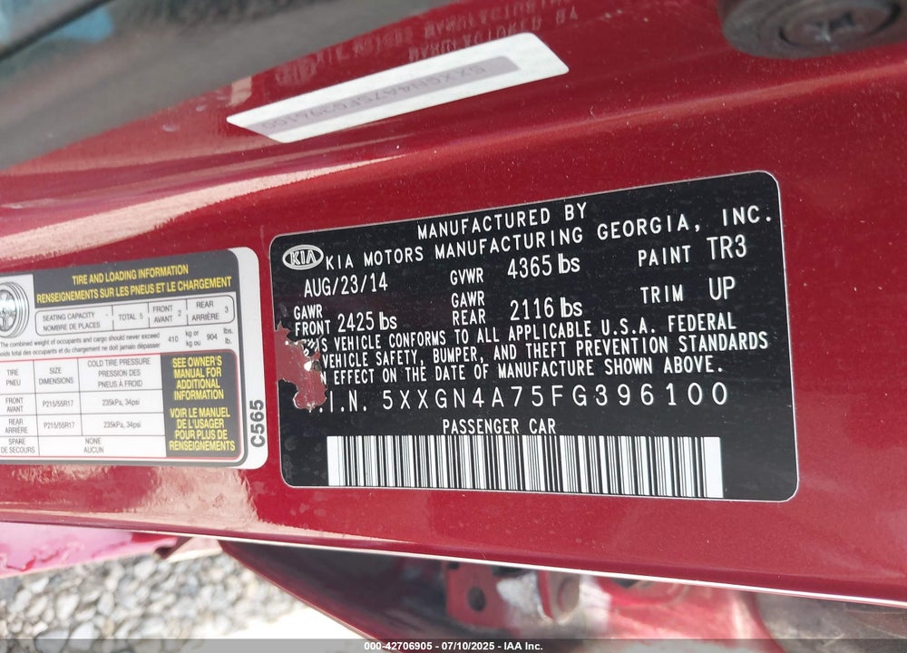 2015 KIA OPTIMA VIN: 5XXGN4A75FG396100