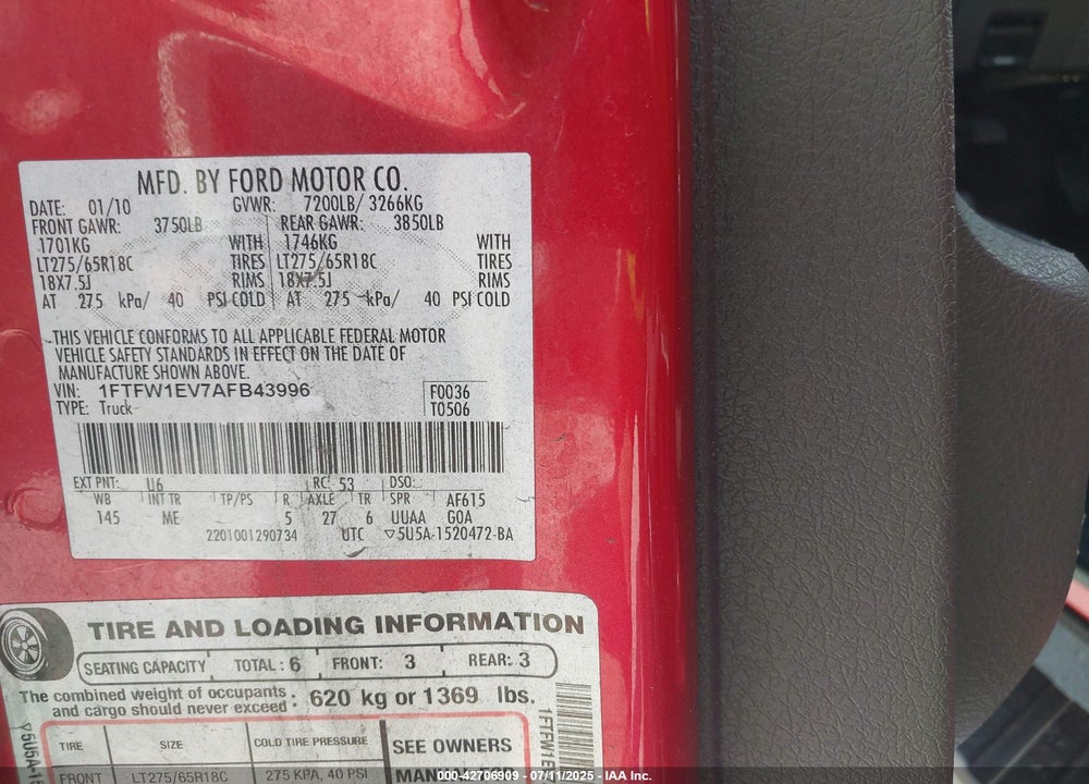 2010 FORD F-150 VIN: 1FTFW1EV7AFB43996