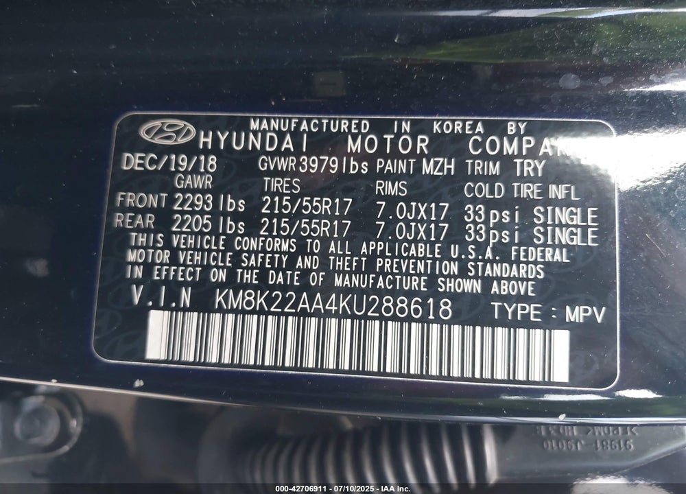 2019 HYUNDAI KONA VIN: KM8K22AA4KU288618