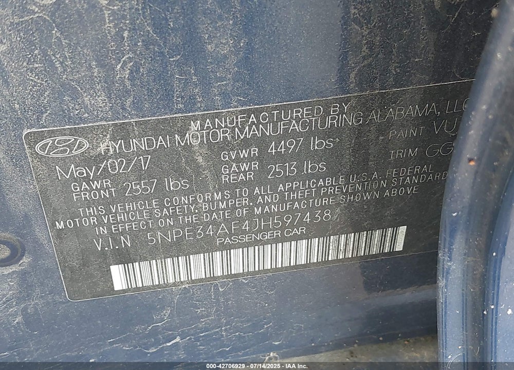 2018 HYUNDAI SONATA VIN: 5NPE34AF4JH597438