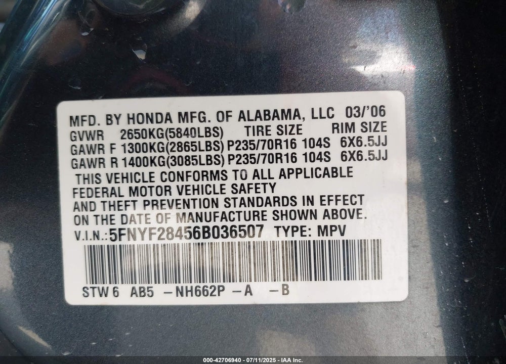 2006 HONDA PILOT VIN: 5FNYF28456B036507