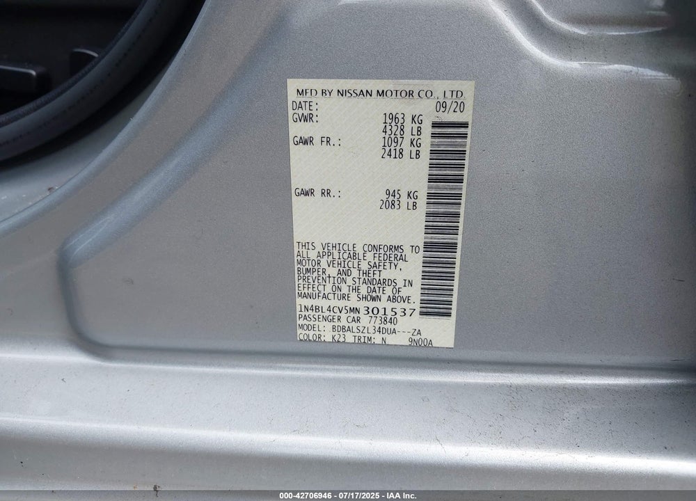 2021 NISSAN ALTIMA VIN: 1N4BL4CV5MN301537