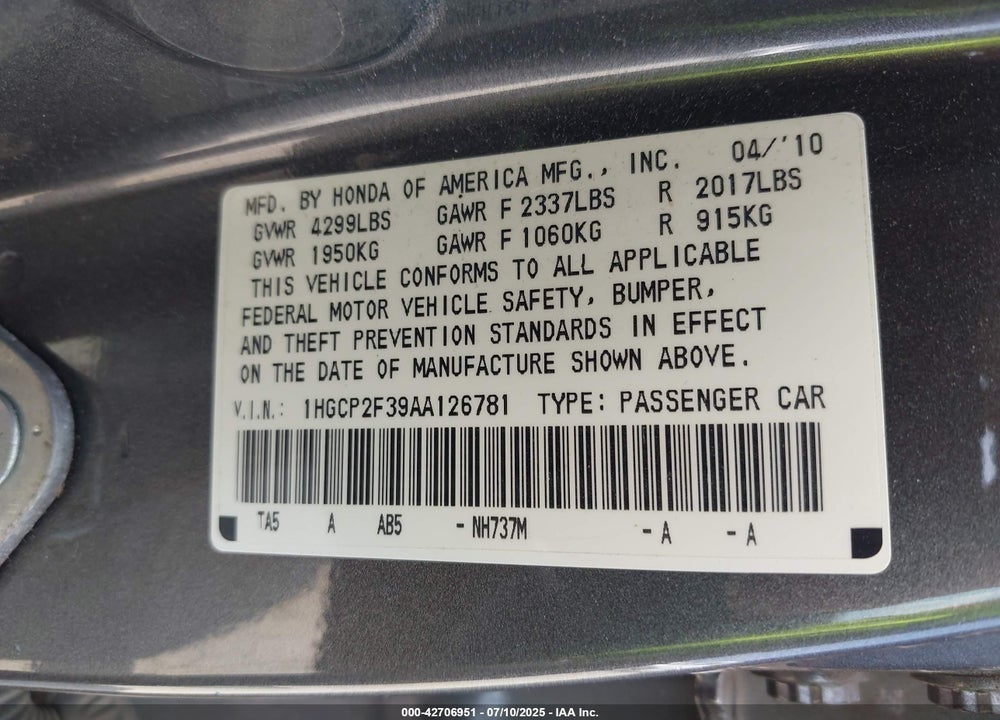 2010 HONDA ACCORD VIN: 1HGCP2F39AA126781