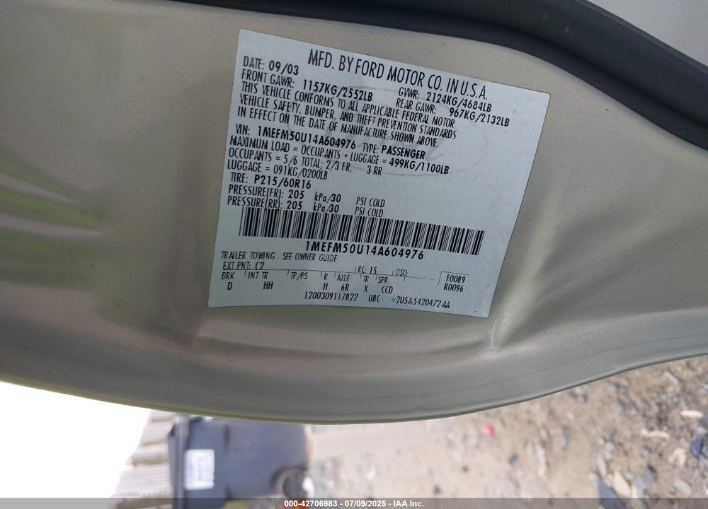 2004 MERCURY SABLE GS VIN: 1MEFM50U14A604976