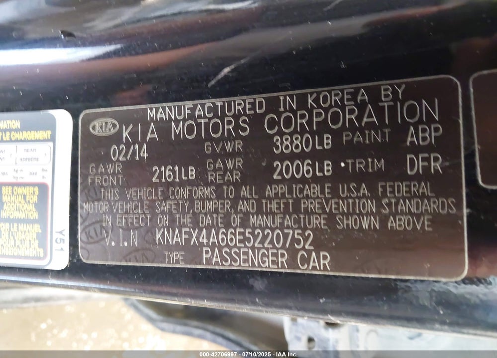 2014 KIA FORTE LX VIN: KNAFX4A66E5220752