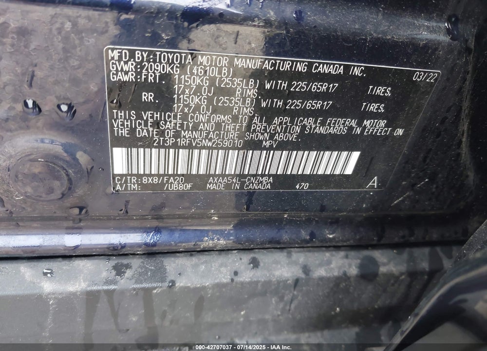 2022 TOYOTA RAV4 VIN: 2T3P1RFV5NW259010
