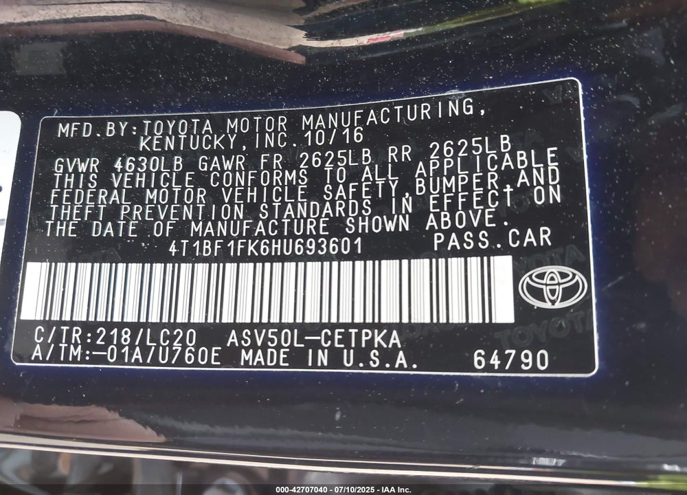 2017 TOYOTA CAMRY XSE VIN: 4T1BF1FK6HU693601