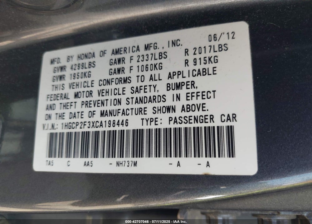 2012 HONDA ACCORD VIN: 1HGCP2F3XCA198446