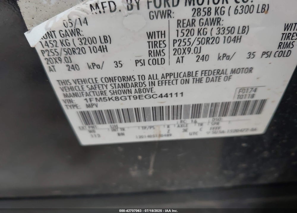 2014 FORD EXPLORER VIN: 1FM5K8GT9EGC44111