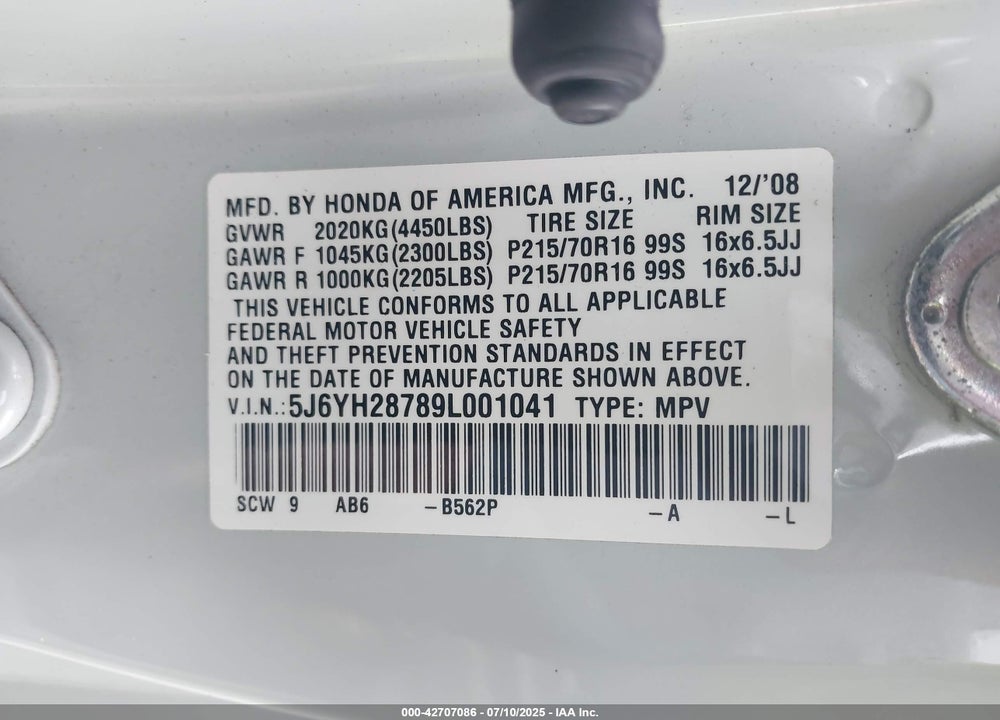 2009 HONDA ELEMENT VIN: 5J6YH28789L001041