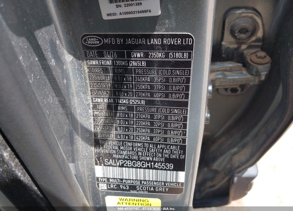 2016 LAND ROVER RANGE ROVER EVOQUE VIN: SALVP2BG8GH145539