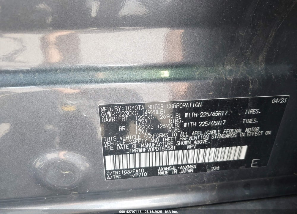2023 TOYOTA RAV4 HYBRID VIN: JTMRWRFV0PD180581