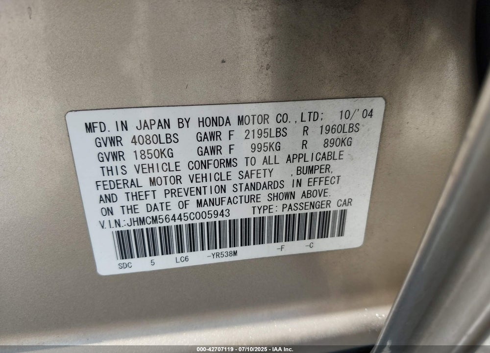 2005 HONDA ACCORD 2.4 LX VIN: JHMCM56445C005943