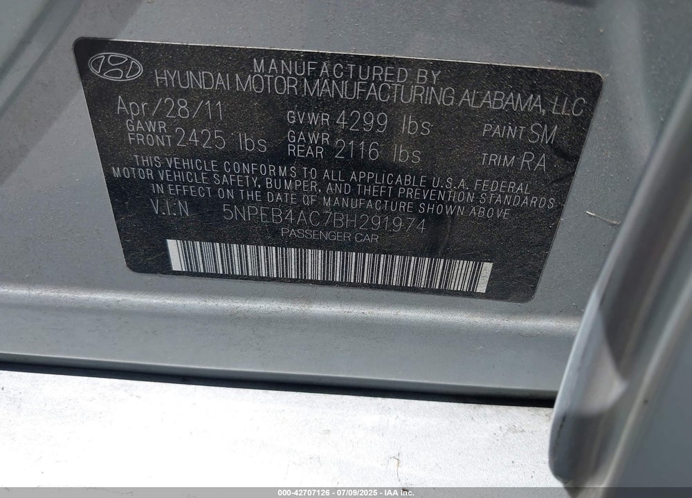 2011 HYUNDAI SONATA VIN: 5NPEB4AC7BH291974
