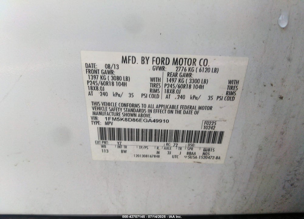 2014 FORD EXPLORER VIN: 1FM5K8D86EGA49910