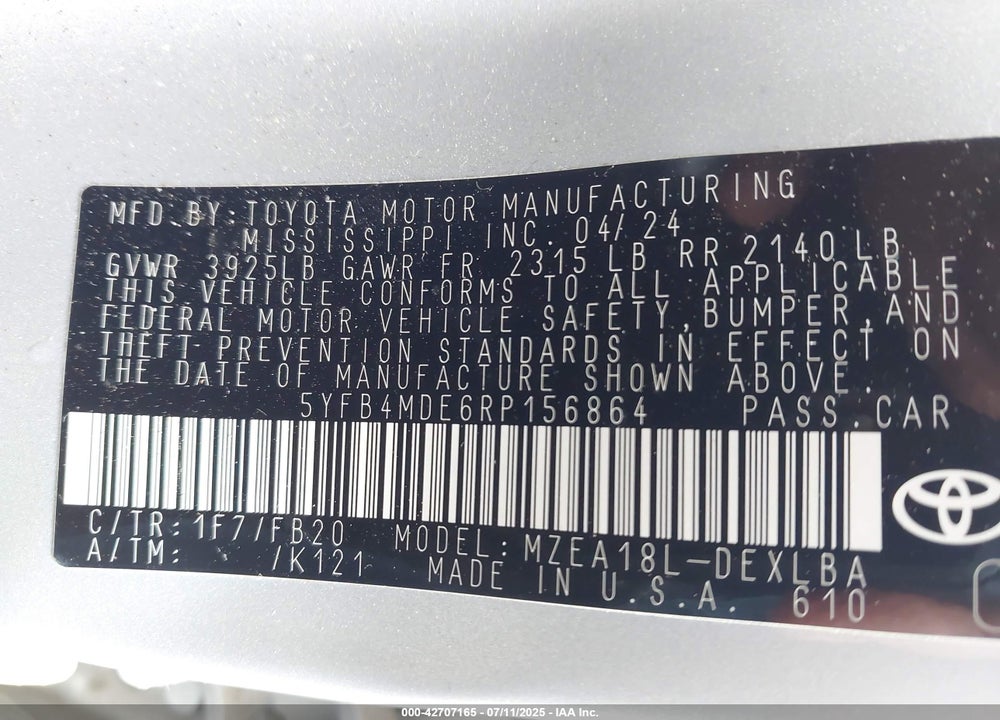 2024 TOYOTA COROLLA VIN: 5YFB4MDE6RP156864