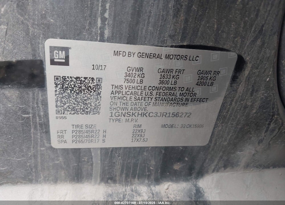 2018 CHEVROLET SUBURBAN VIN: 1GNSKHKC3JR156272