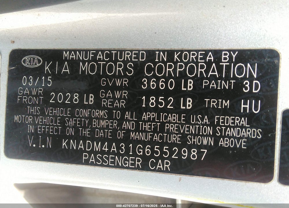 2016 KIA RIO VIN: KNADM4A31G6552987