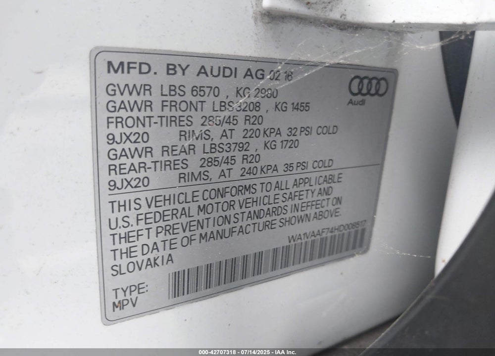 2017 AUDI Q7 VIN: WA1VAAF74HD008517