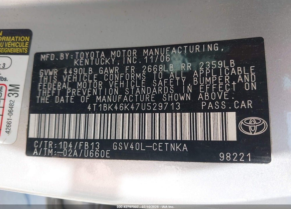 2007 TOYOTA CAMRY LE V6 VIN: 4T1BK46K47U529713