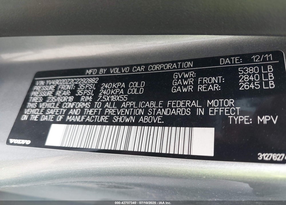 2012 VOLVO XC60 VIN: YV4902DZ2C2292882