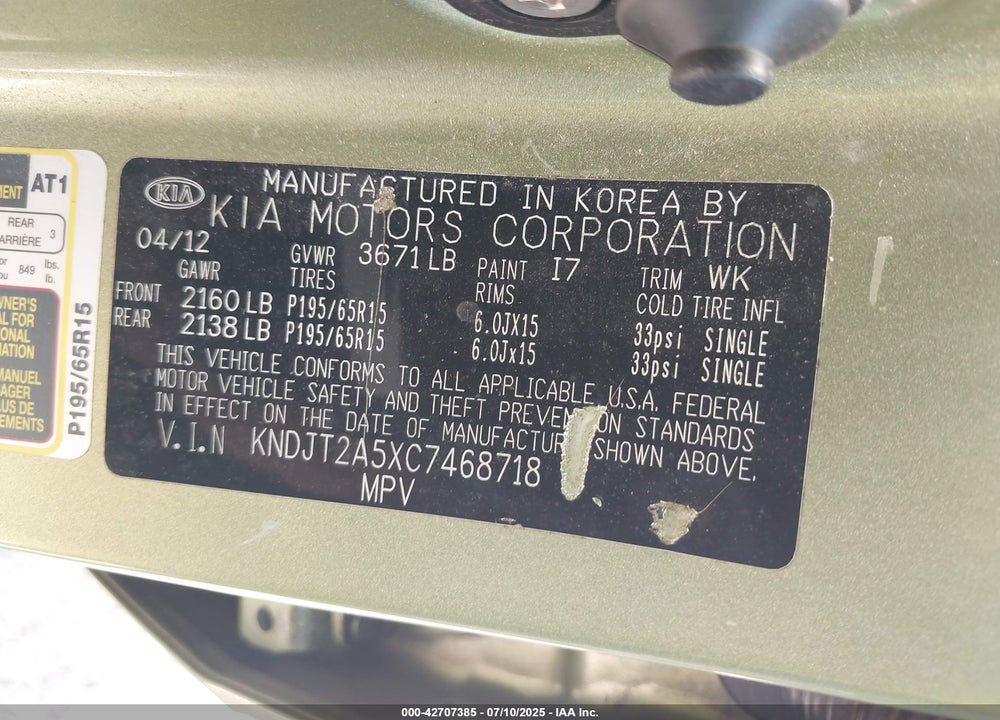2012 KIA SOUL VIN: KNDJT2A5XC7468718