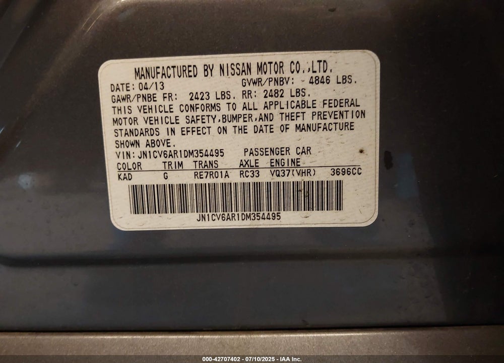 2013 INFINITI G37 VIN: JN1CV6AR1DM354495