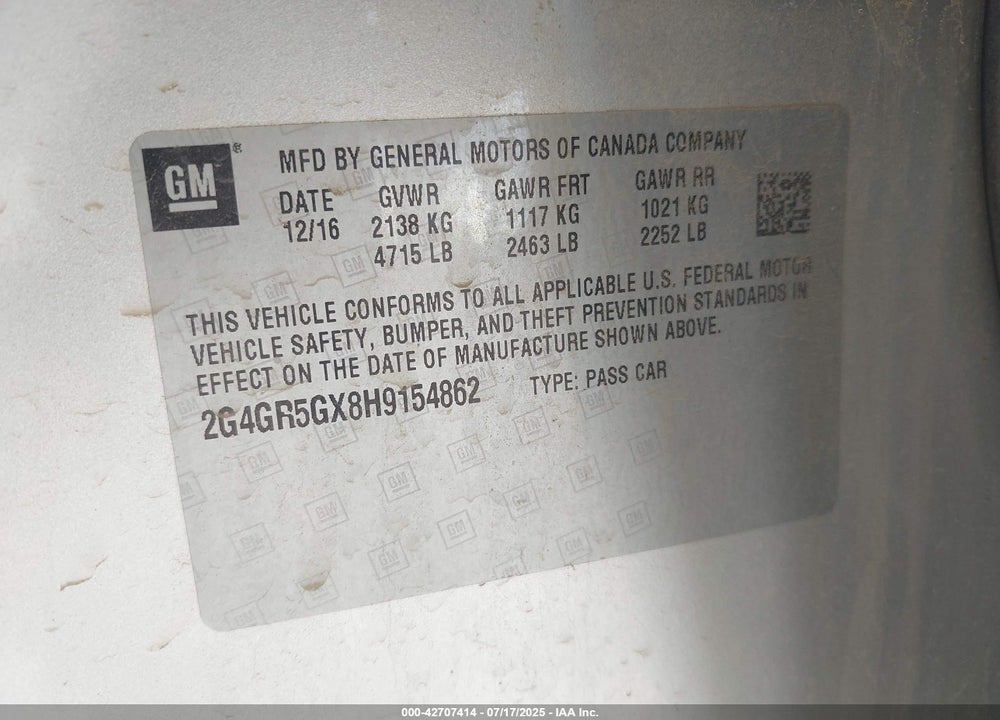 2017 BUICK REGAL VIN: 2G4GR5GX8H9154862