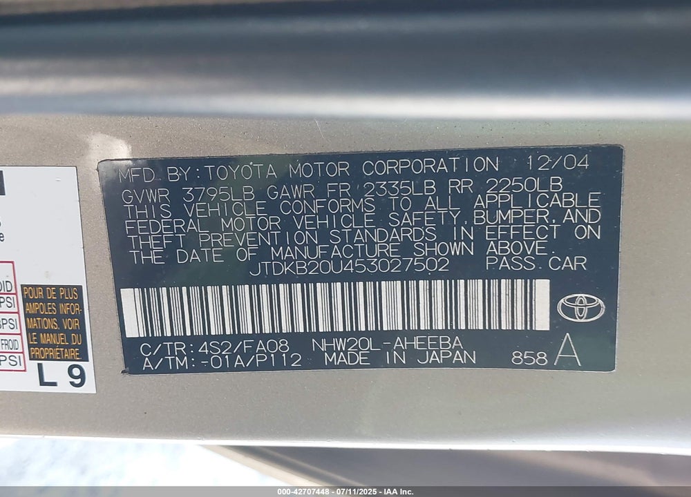 2005 TOYOTA PRIUS VIN: JTDKB20U453027502