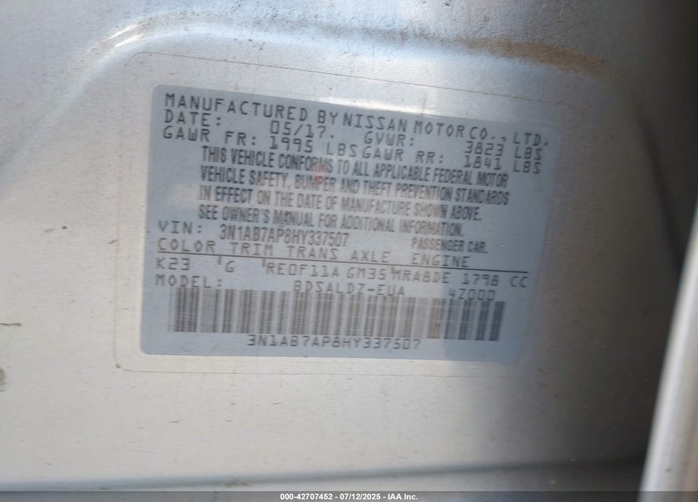 2017 NISSAN SENTRA VIN: 3N1AB7AP8HY337507