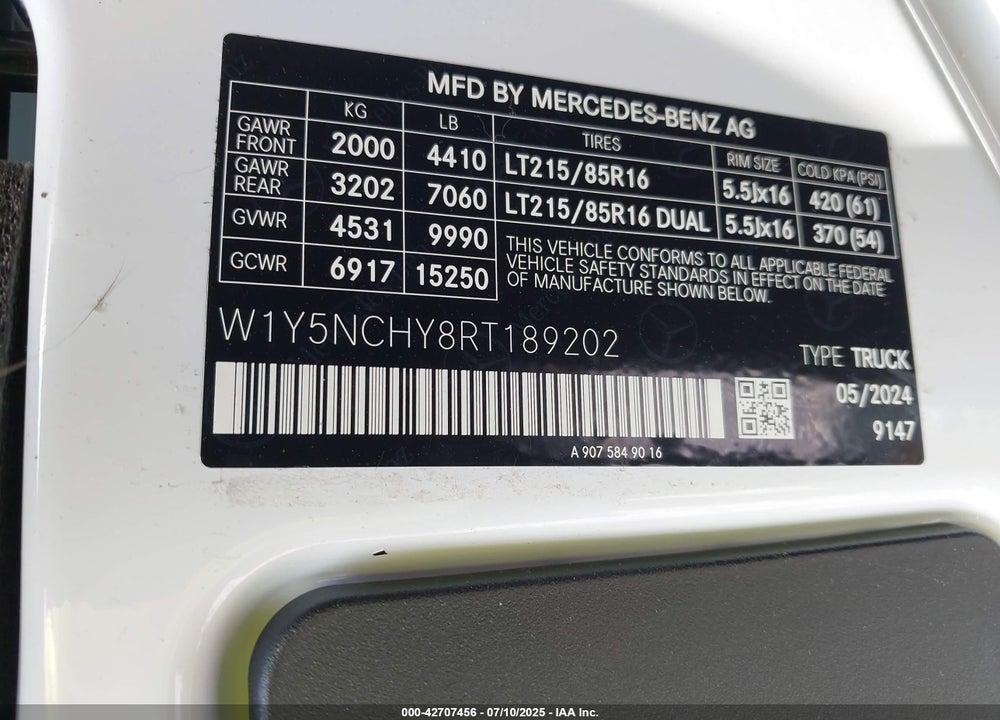 2024 MERCEDES-BENZ SPRINTER 3500 HIGH ROOF 4-CYL DIESEL HO VIN: W1Y5NCHY8RT189202