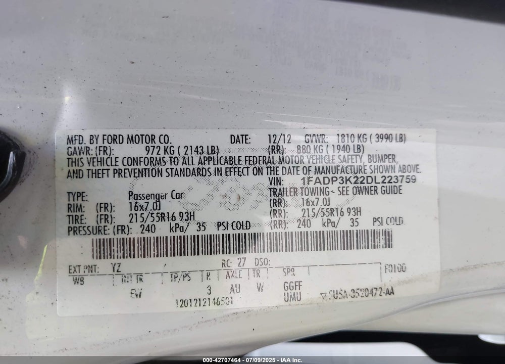 2013 FORD FOCUS SE VIN: 1FADP3K22DL223759