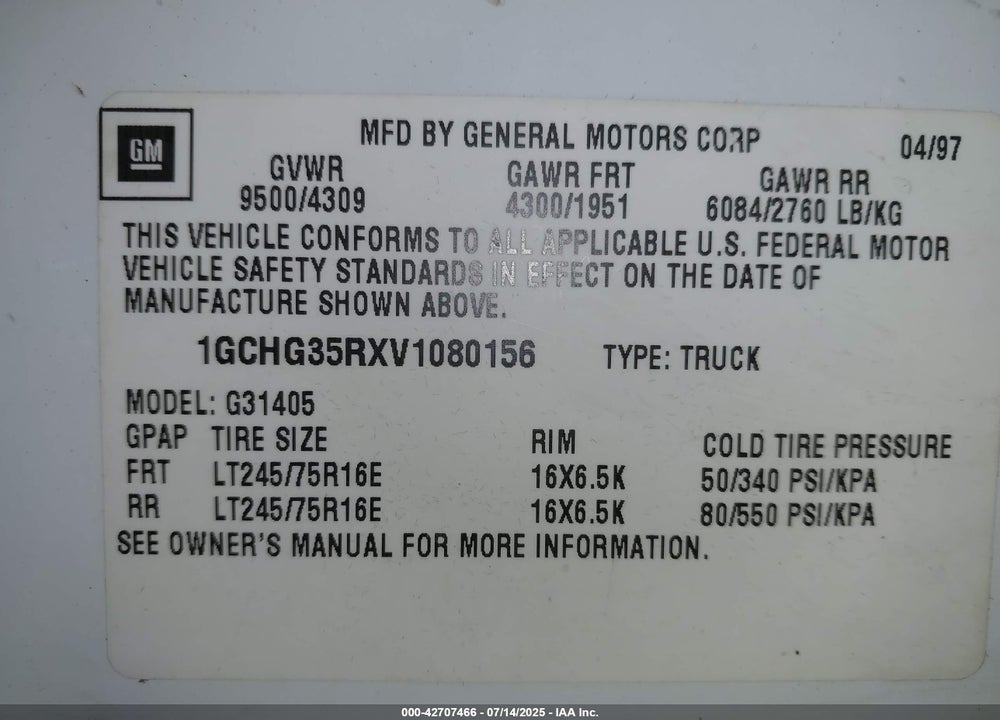 1997 CHEVROLET CHEVY VAN VIN: 1GCHG35RXV1080156