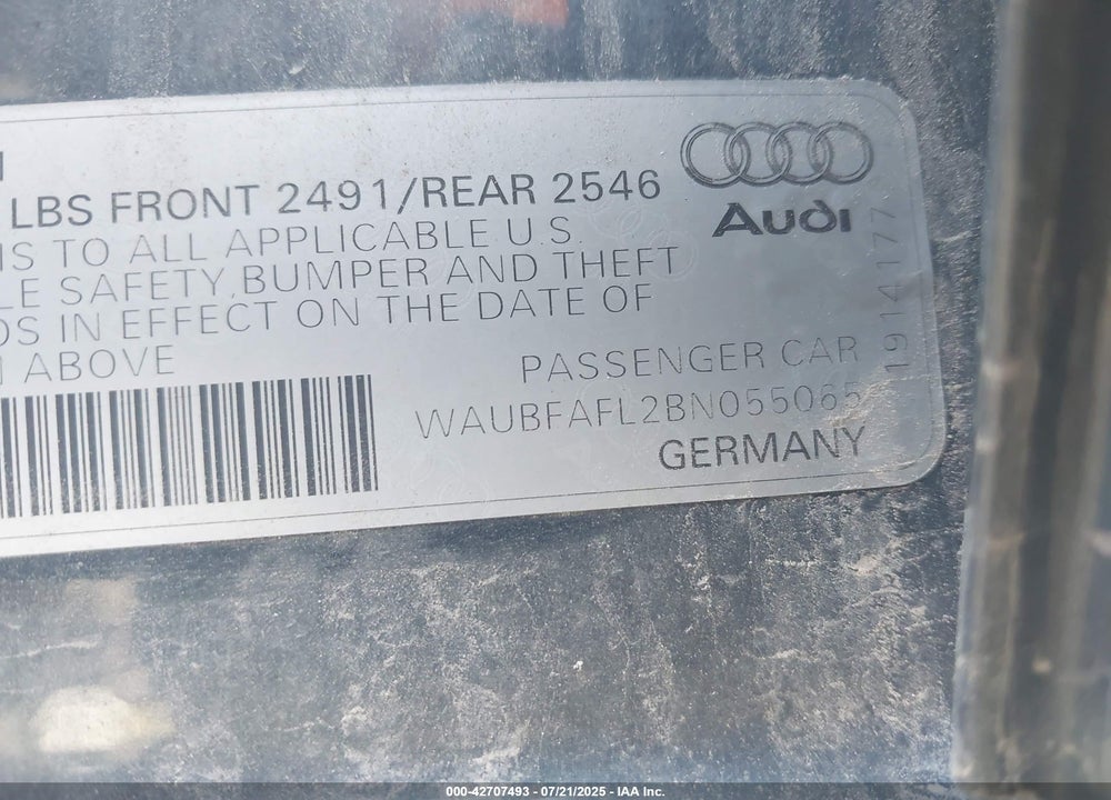 2011 AUDI A4 2.0T PREMIUM VIN: WAUBFAFL2BN055065