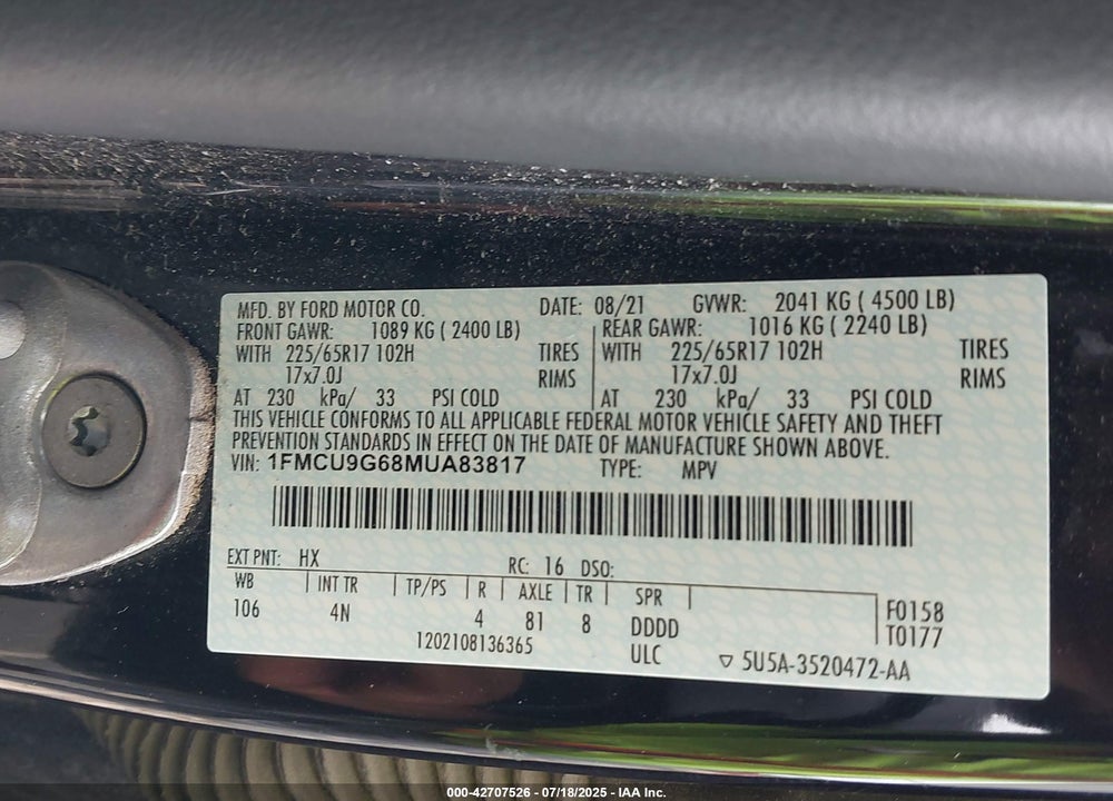 2021 FORD ESCAPE SE VIN: 1FMCU9G68MUA83817