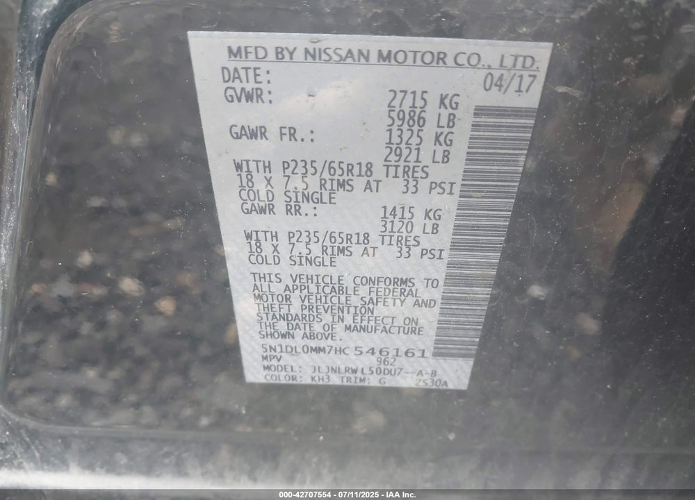 2017 INFINITI QX60 VIN: 5N1DL0MM7HC546161