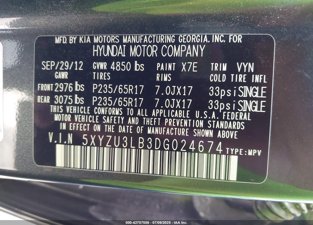 2013 HYUNDAI SANTA FE VIN: 5XYZU3LB3DG024674