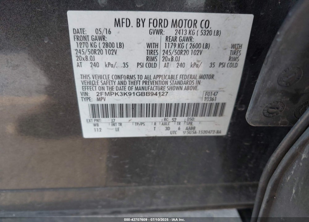 2016 FORD EDGE VIN: 2FMPK3K91GBB94127