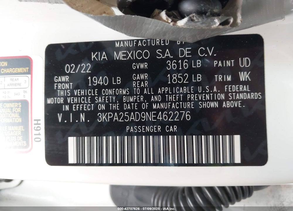 2022 KIA RIO 5-DOOR VIN: 3KPA25AD9NE462276