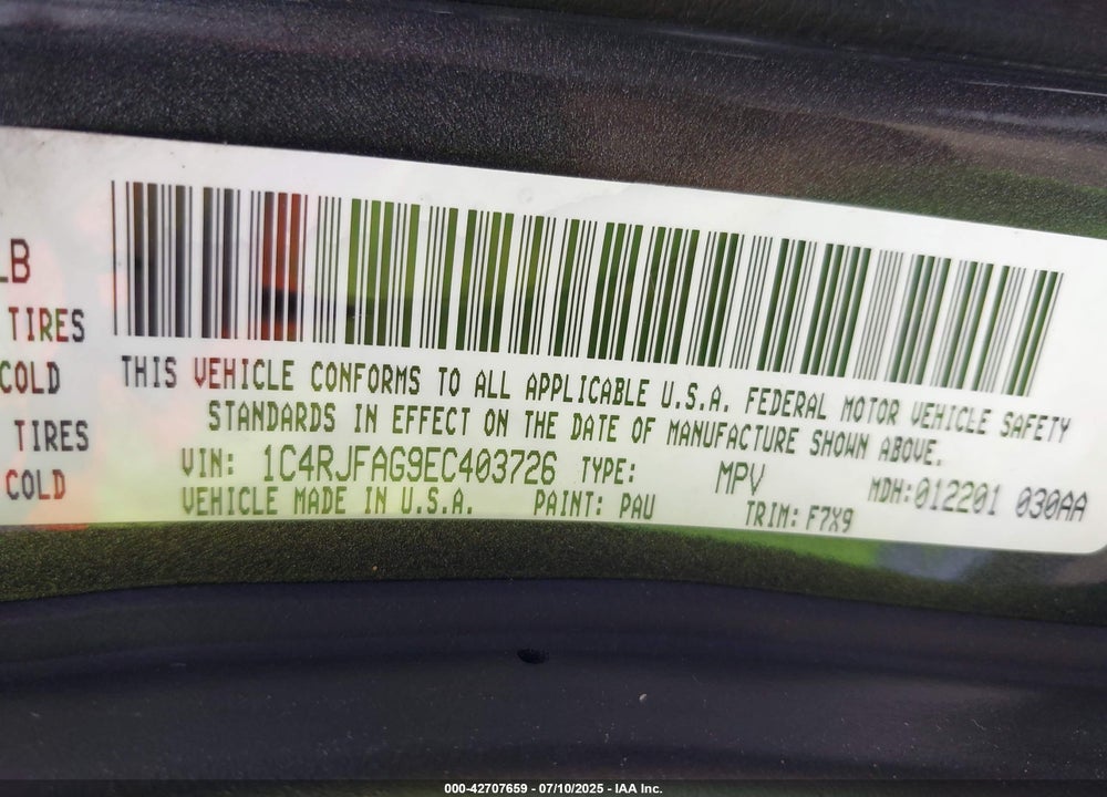 2014 JEEP GRAND CHEROKEE VIN: 1C4RJFAG9EC403726