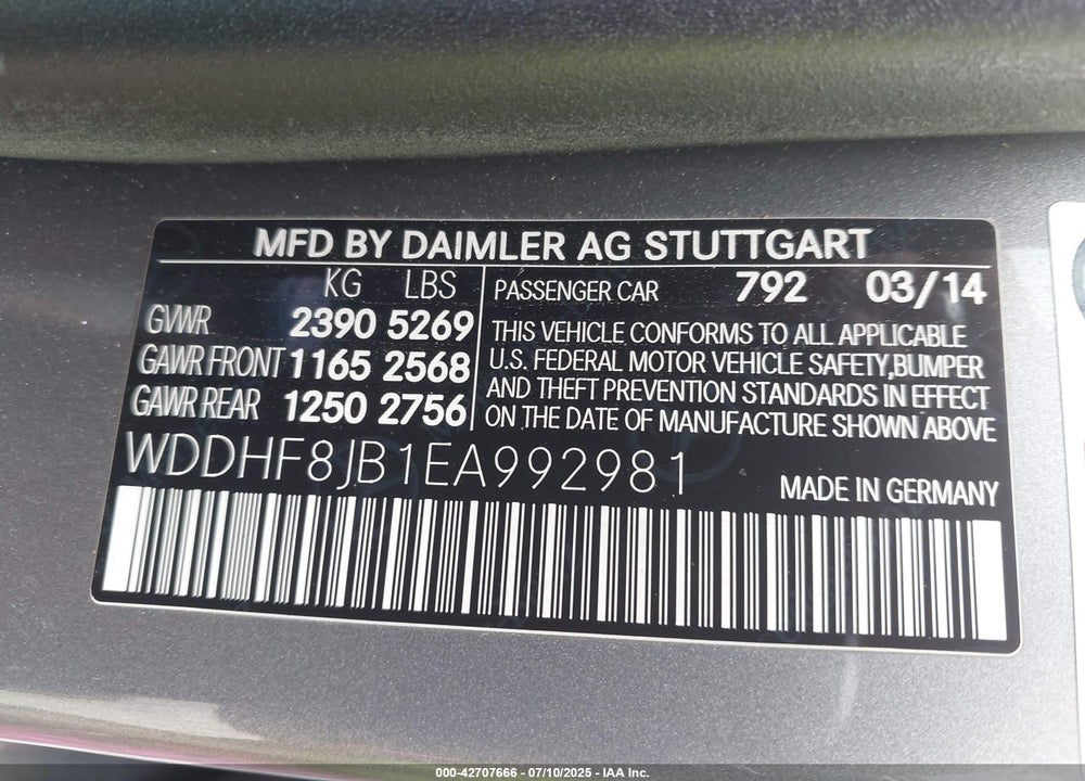 2014 MERCEDES-BENZ E-CLASS VIN: WDDHF8JB1EA992981