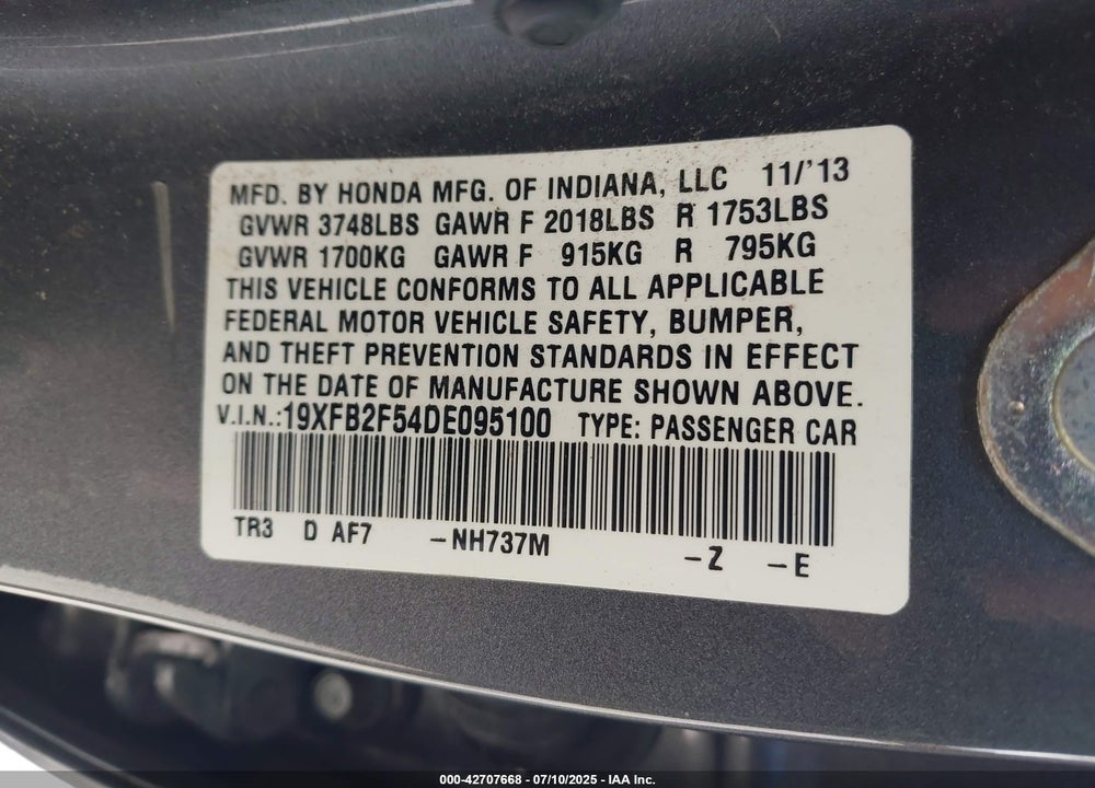 2013 HONDA CIVIC VIN: 19XFB2F54DE095100