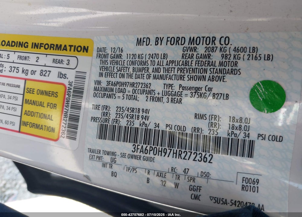 2017 FORD FUSION SE VIN: 3FA6P0H97HR272362
