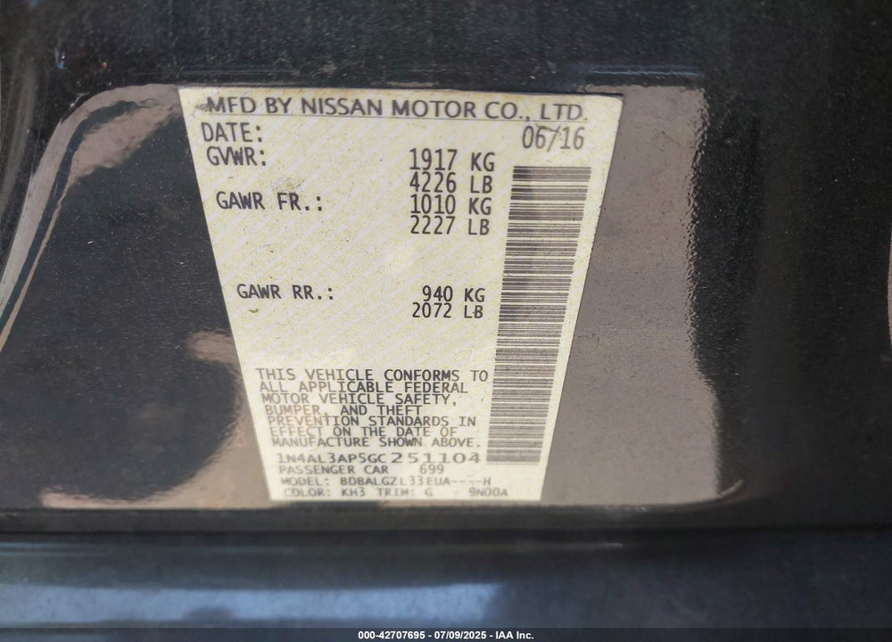 2016 NISSAN ALTIMA VIN: 1N4AL3AP5GC251104