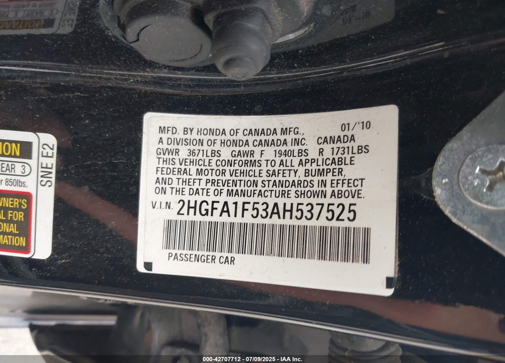 2010 HONDA CIVIC VIN: 2HGFA1F53AH537525
