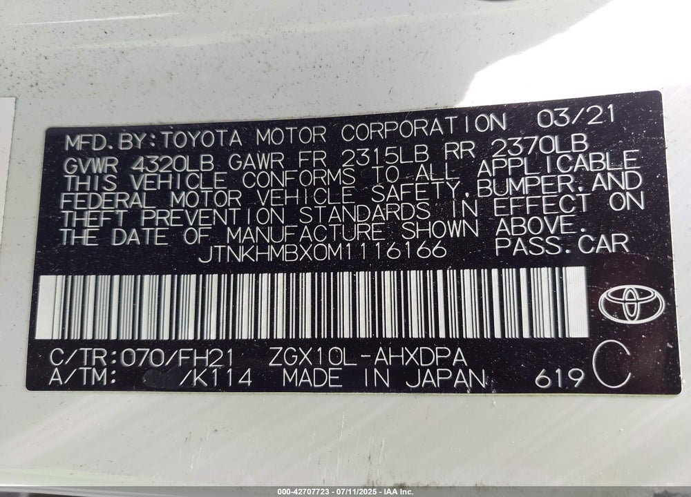 2021 TOYOTA C-HR LE VIN: JTNKHMBX0M1116166