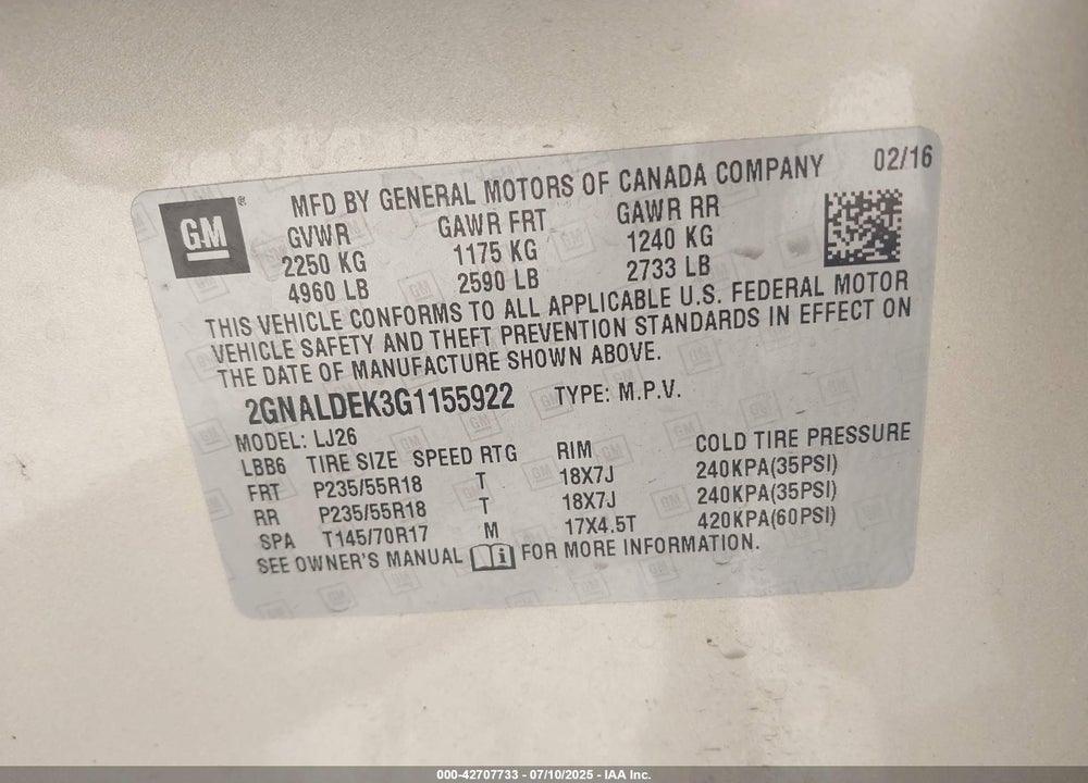 2016 CHEVROLET EQUINOX VIN: 2GNALDEK3G1155922
