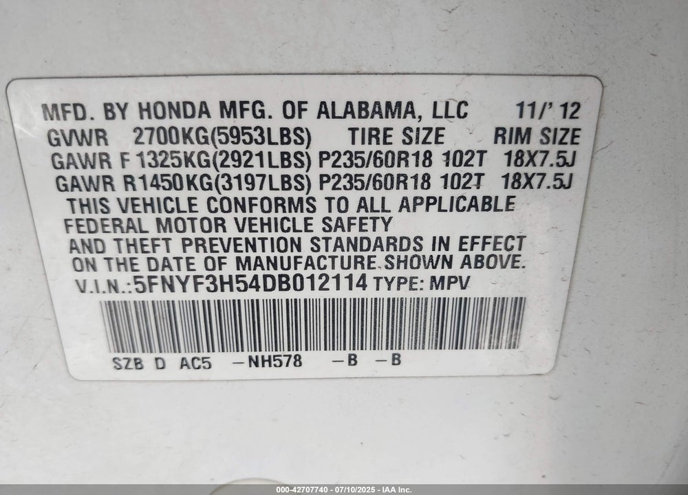 2013 HONDA PILOT VIN: 5FNYF3H54DB012114