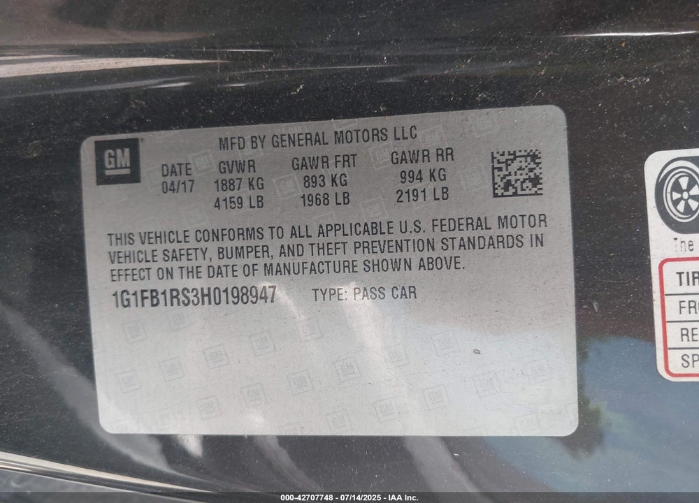 2017 CHEVROLET CAMARO VIN: 1G1FB1RS3H0198947