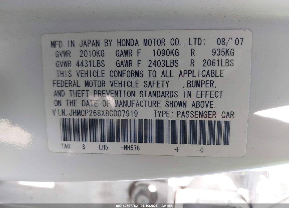 2008 HONDA ACCORD VIN: JHMCP268X8C007919